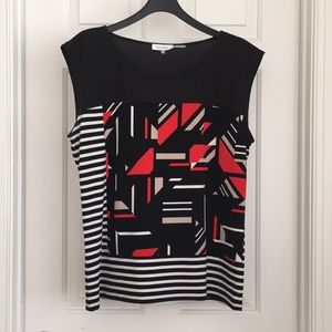 Calvin Klein Women’s Top XL Sleeveless Striped Black White Red Blouse